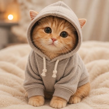 Un lindo gatito pelirrojo que lleva una pequeña sudadera con capucha gris sentado