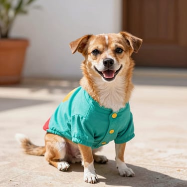 Un pequeño perro marrón y blanco que viste una camisa turquesa con botones está sentado sonriendo
