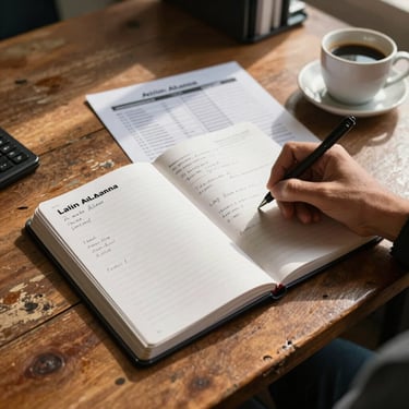 Overhead close shot of a worn wooden table in a field coordination office in Latin America, a hand writing notes in a open journal, a printed program schedule beside it, natural window light casting long shadows across the surface, a ceramic cup of coffee at the far corner