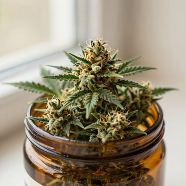 Macro shot of vibrant green cannabis flower buds in an elegant amber glass jar, soft natural lighting, shallow depth of field