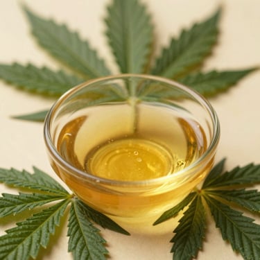 Macro shot of rich golden cannabis concentrate oil glistening in a small glass dish, warm ambient light