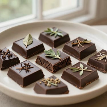 Artisanal dark chocolate squares infused with botanical extracts, arranged on a textured cream ceramic plate