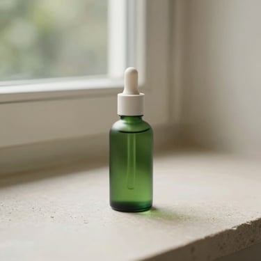 A minimalist green glass bottle of botanical body oil resting on a clean stone surface, soft window light