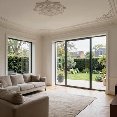Eye-level view of a restored Victorian living room with high ceilings, delicate plasterwork, and a modern glass wall looking out to a garden, diffused daylight.