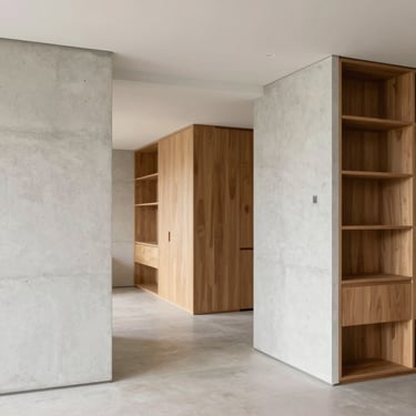 Architectural photograph of a brutalist split-level apartment interior, clean concrete lines, warm timber built-ins, soft natural light, 35mm lens.