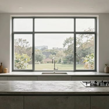 Straight-on architectural shot of a modern kitchen with concrete countertops and natural light pouring through large steel-framed windows, 35mm lens.