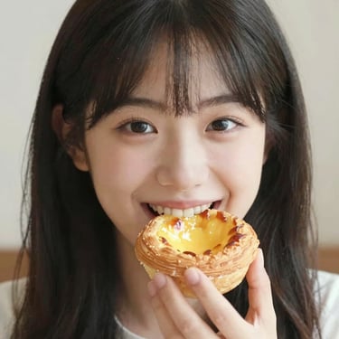 A smiling customer holding a freshly baked croissant outside Rochak Bakery on a sunny day.