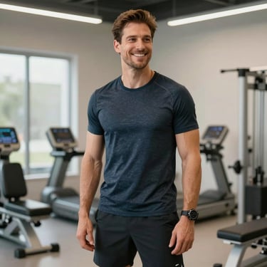 A smiling man in athletic wear standing in a high-tech wellness center in the US, looking rejuvenated. Bright, professional photography.