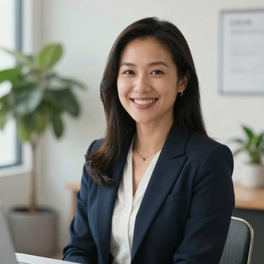 A professional North American wellness consultant in professional attire, smiling warmly in a bright, modern office with plants in the background. High-quality photography, soft natural lighting.