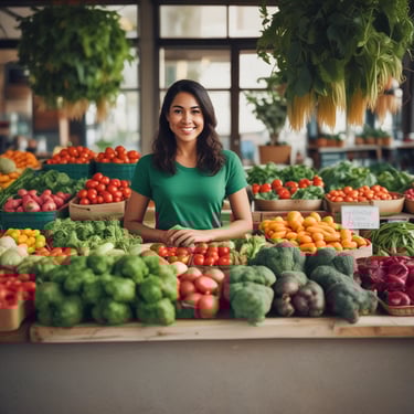 a woman standing in front of a table with vegetables