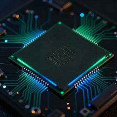Macro close-up of a modern smartphone processor chip on a dark circuit board, glowing neon green and blue circuit traces, low-key dramatic studio lighting, sharp details, 35mm lens
