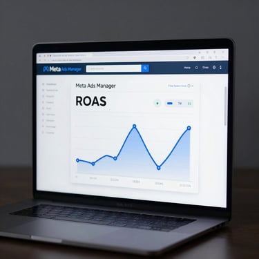 Crisp, high-fidelity screenshot of a Meta Ads Manager dashboard showcasing positive ROAS metrics, framed in a clean browser mockup, cool-toned studio lighting, sharp contrasts.