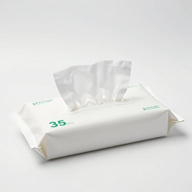 White pet wipes packaging with clean green typography, clean studio background, bright sterile light, square aspect ratio.