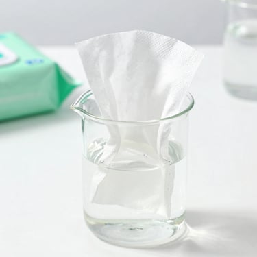 Single biodegradable flushable wet wipe dispersing in a clear water beaker, clinical laboratory setting, bright white light, square aspect ratio.