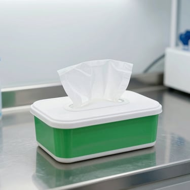 Clinical canister of disinfectant wipes on a stainless steel laboratory bench, sterile white light, square aspect ratio.