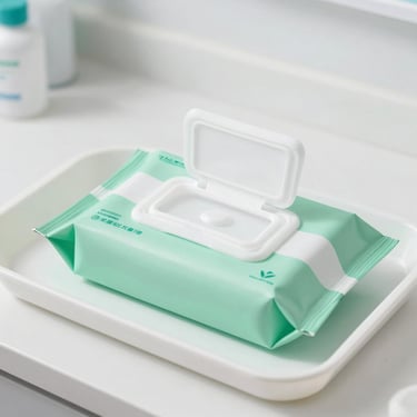 Hypoallergenic adult care wipes package on a white medical tray, bright clinical lighting, square aspect ratio.