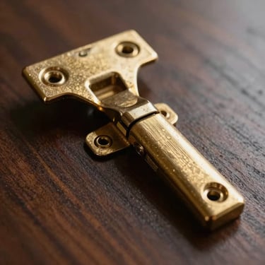 Macro shot of a heavy-duty brushed brass hinge, dramatic side-lighting highlighting the metallic grain, shallow depth of field