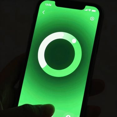 Close-up of a smartphone displaying a sleek circular focus timer app with vibrant green neon glow, low-key lighting, hands holding the device.