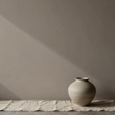 Minimalist interior corner with soft architectural shadows falling on a blank cool taupe wall, a single matte ceramic vessel on a raw linen runner.