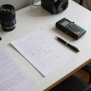 Overhead shot of a studio desk with handwritten lyric sheets, a pen, and a small portable recorder under cool daylight, clean and sparse