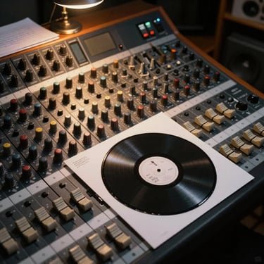 Close overhead shot of a studio mixing board with warm amber desk lamp light, session notes visible at the edge, a release single cover printout resting on the console