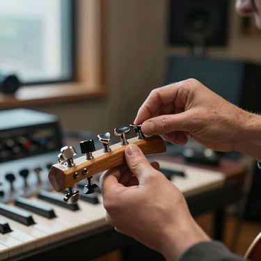 Studio hands adjusting guitar tuning pegs under cool northern window light, wooden instrument body in sharp focus, background softly blurred recording space