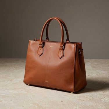 Leather handbag on a pale stone surface, single directional studio strobe from camera-right casting a clean shadow, tight crop showing texture and hardware detail