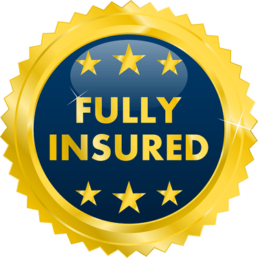 Gold and blue circular seal icon with text stating fully insured for business protection and trust.