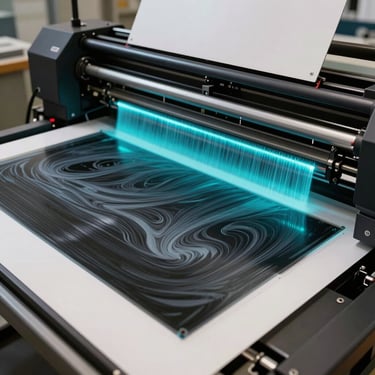 Wide-format SwissQprint flatbed printer curing UV ink on a massive acrylic sheet, high-contrast cyan light emitting from the print head.