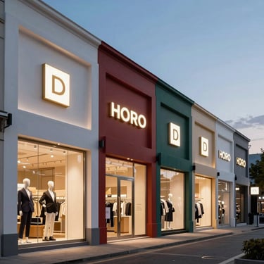 A row of high-end retail shopfronts with perfectly matched brand colors, illuminated signage glowing under evening twilight.