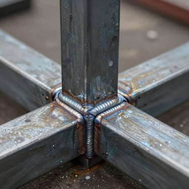 Close-up of welded heavy-gauge steel frame joints, showing clean structural welds and industrial finish