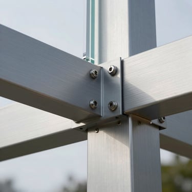 Extreme close-up of a structural steel and acrylic outdoor sign join, clean brushed metal texture, crisp industrial lighting.
