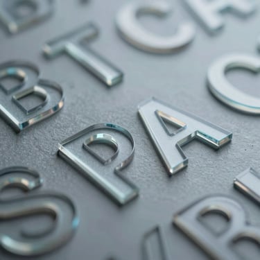 Macro shot of routed acrylic letters with polished, glass-like edges catching cool light