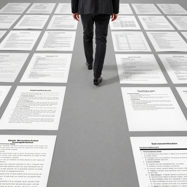 Hombre camina junto a montón de documentos legales para revisar
