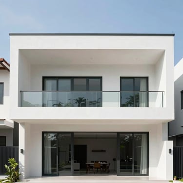 Modern minimalist house facade, bright daylight, Denpasar.