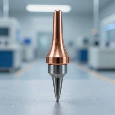 Macro photography of a thick C470 heavy-duty drag soldering tip, robust copper core, industrial cleanroom setting.