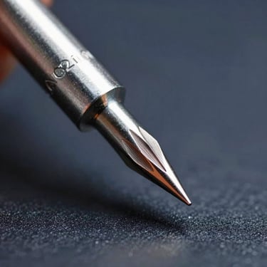 Macro photography of an ultra-fine C210 micro soldering tip point, razor-sharp edge, metallic silver finish, dark background.
