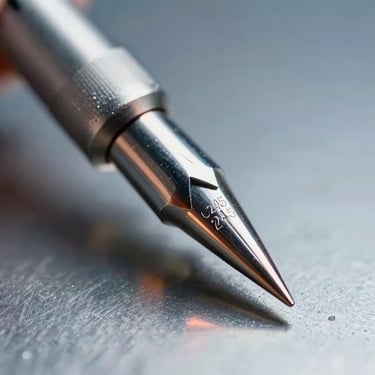 Macro photography of a C245 chisel soldering tip, polished iron plating, metallic reflections, copper-orange highlights.