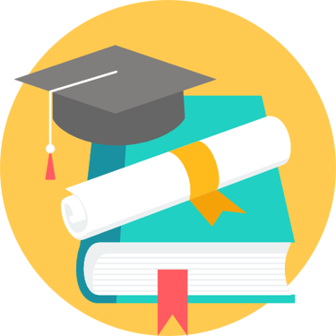 Flat illustration of a graduation cap, diploma, and book representing higher education success.