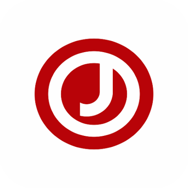 a red and white logo with the letter j on it