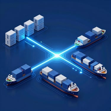 Isometric schematic of automated container routing, glowing data paths connecting cargo ships to servers, deep blue and white vector graphics, clean minimalist tech style.