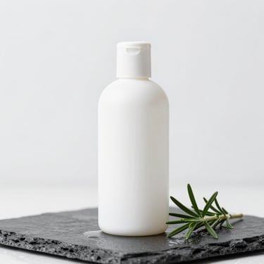 Minimalist white shampoo bottle with clean typography, styled next to a fresh rosemary sprig on a wet slate surface.