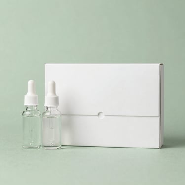 Clean clinical flat-lay of a minimalist white hair growth kit box, glass dropper bottles, sage green background, soft studio lighting.