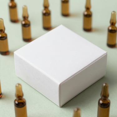 Elegant white cardboard gift box with minimalist clinical branding, surrounded by small amber glass vials, soft focus.