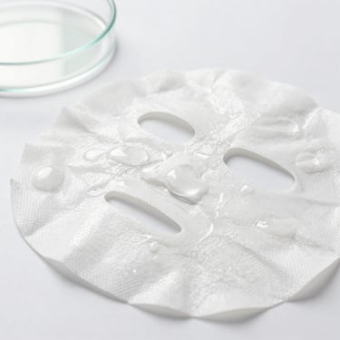 Close-up of a folded white sheet mask dripping with clear hydrating serum, clinical glass petri dish, bright laboratory light.