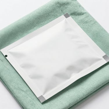 Overhead shot of a clinical post-laser repair kit in sterile white packaging, soft shadows, sage green accent cloth.