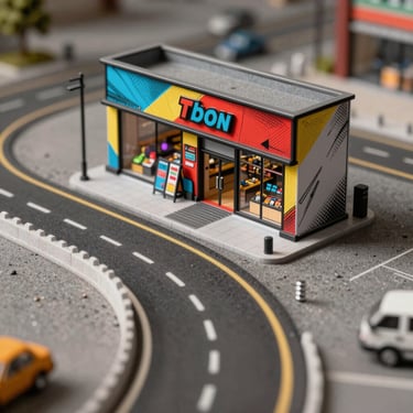 Isometric miniature highway leading straight to a modern shopfront, bold pop-art style, ink outlines.