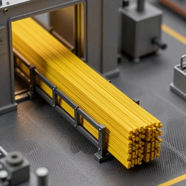 Isometric miniature factory sorting bright yellow leads into a vault, bold black lines, halftone dots.