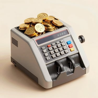 Isometric miniature cash register overflowing with gold coins, bright pop-art comic style.