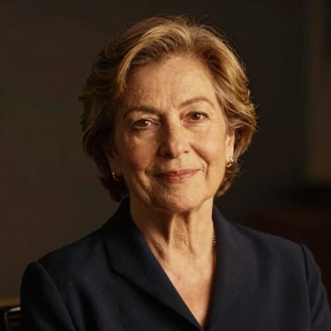 Serene portrait of an older Spanish woman smiling gently, warm lighting, elegant dark background.